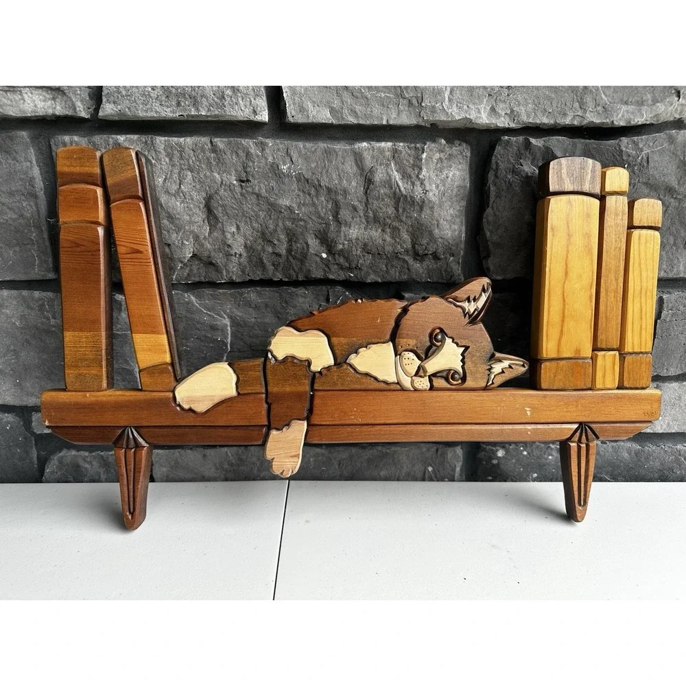 Vintage Intarsia Wood Wall Art Cat Bookshelf Decorative Hanging Cottage Granny